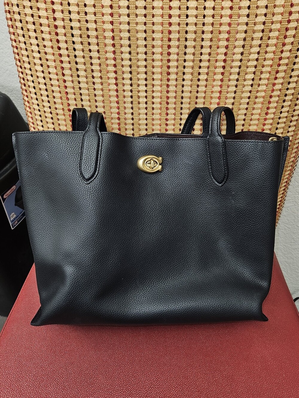 Coach Classic Black Leather Tote with Gold Turn-Lock Accent
